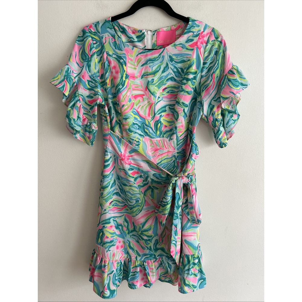 Lilly Pulitzer Darlah Stretch Wrap Dress Green Pink Women's Size 2